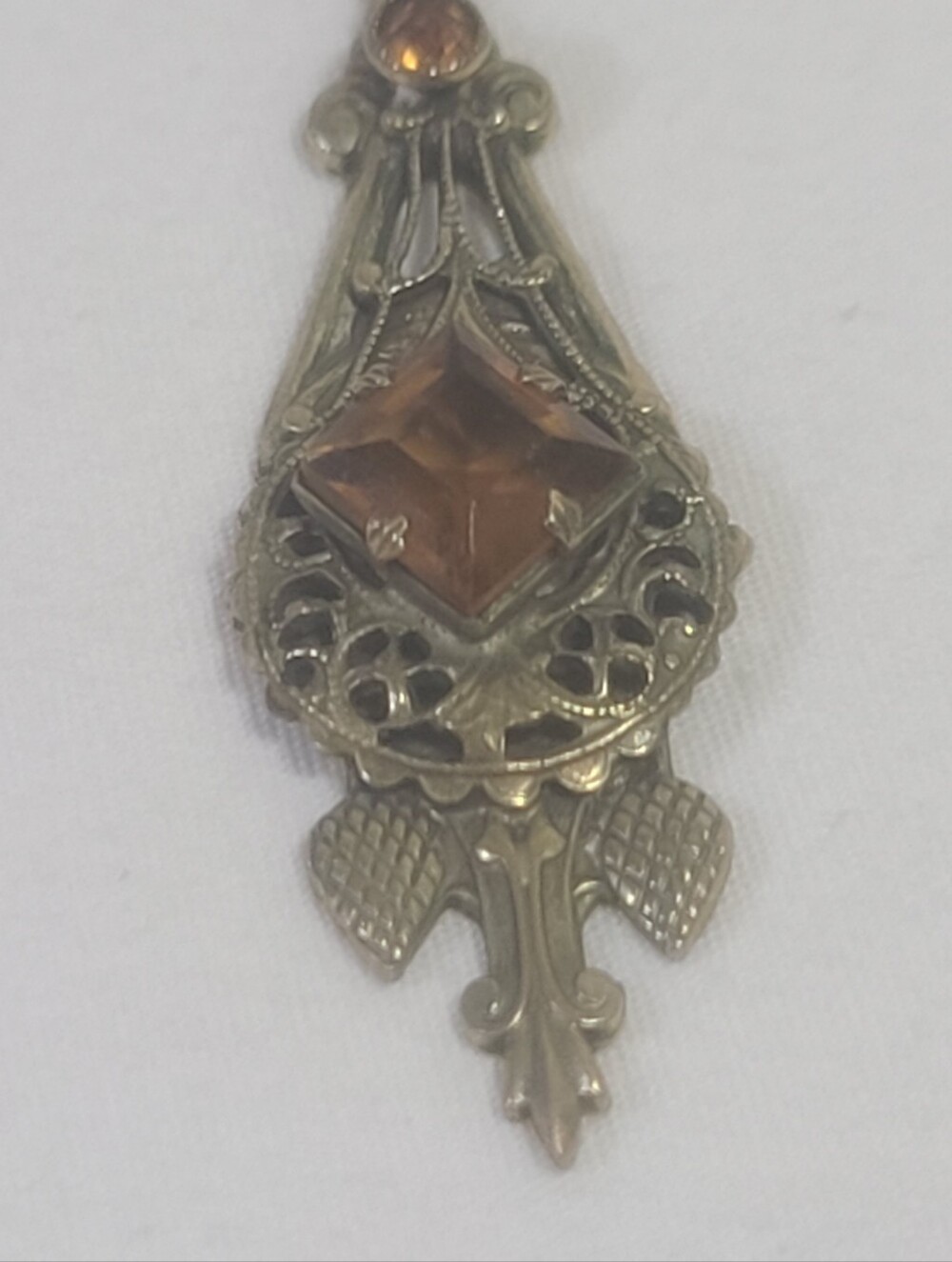 Antique Art Deco Orange Yellow Glass Gems Brass Pendant Necklace - Picture 2 of 14